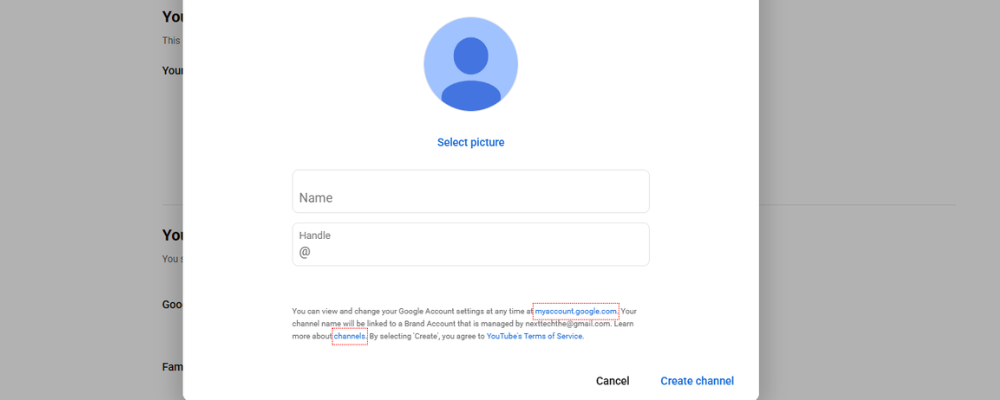 Create a channel on youtube