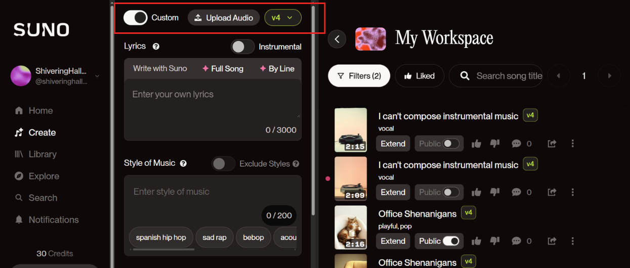 Custom mode Suno AI music generator
