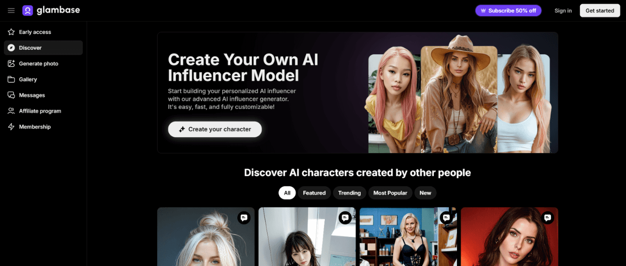 Glambase AI virtual influencer generator
