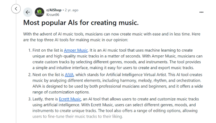 20 New Suno AI Alternatives In 2025 (Free & Paid) 19 Here what a reddit user say about Amper Music