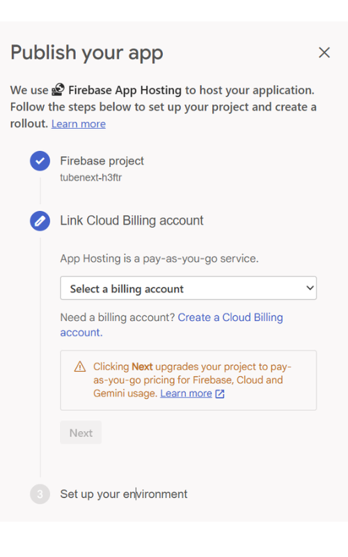 Publish your app with Firebase Studio by linking cloud billing account